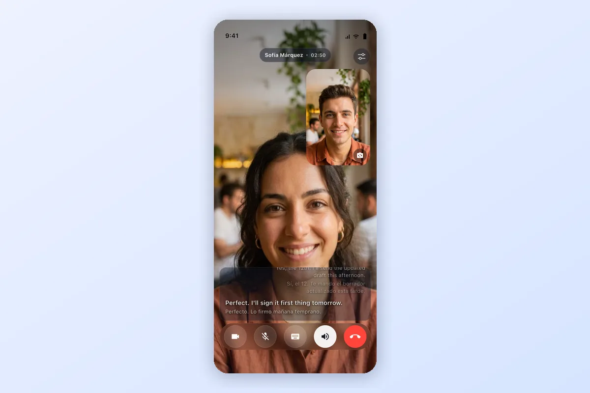 Live video call in AI Call with real-time translated subtitles in English and Spanish